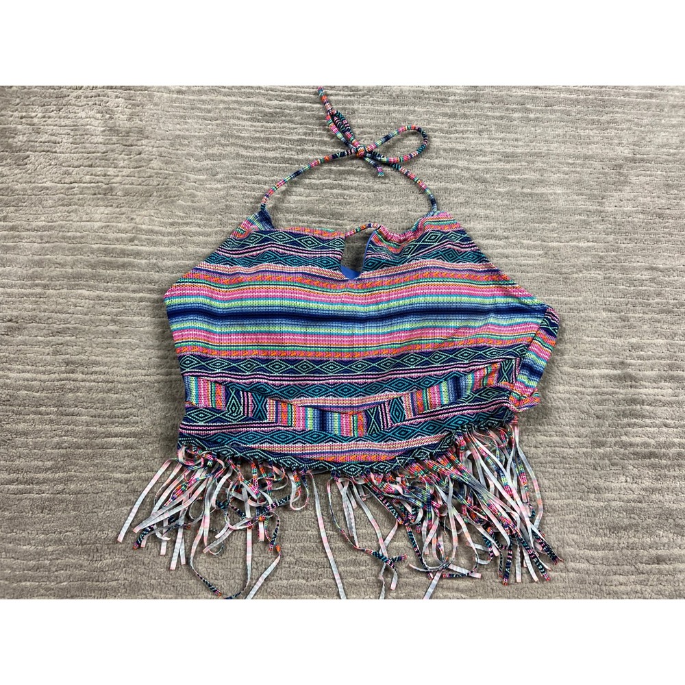 OP Bikini Top Women L‎ Large Multi Geometric Halter Fringe OPS17304T Tribal Boho